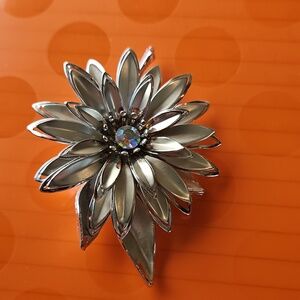 Silver Floral Statement Brooch with Rhinestone Center